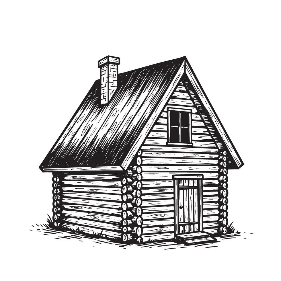 Hand-drawn illustration of a rustic log cabin with chimney and window against a white background a charming forest retreat. vector