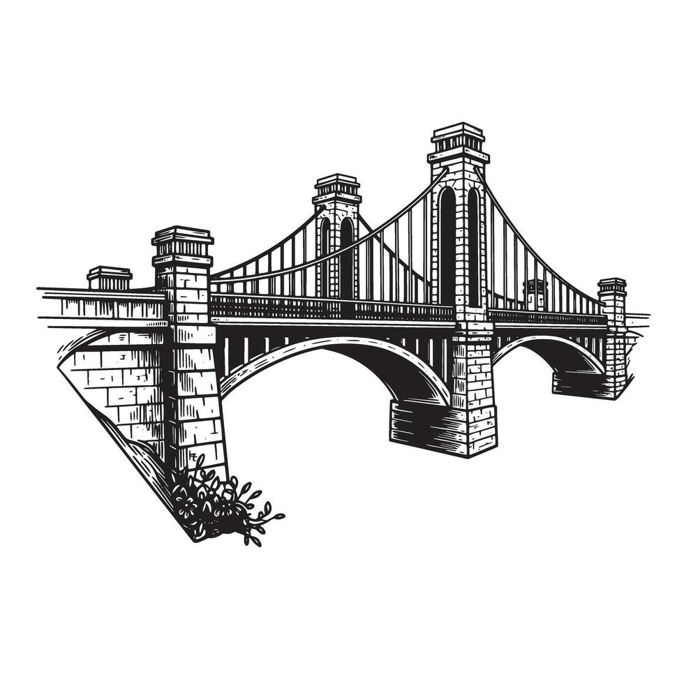 An intricately detailed black and white illustration of a classic bridge design with architectural elements vector