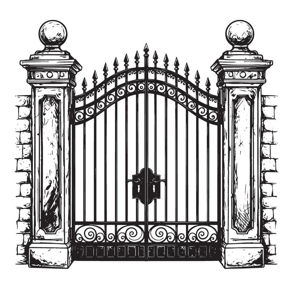 Detailed black and white illustration of a vintage wrought iron gate architectural structure between two brick pillars vector