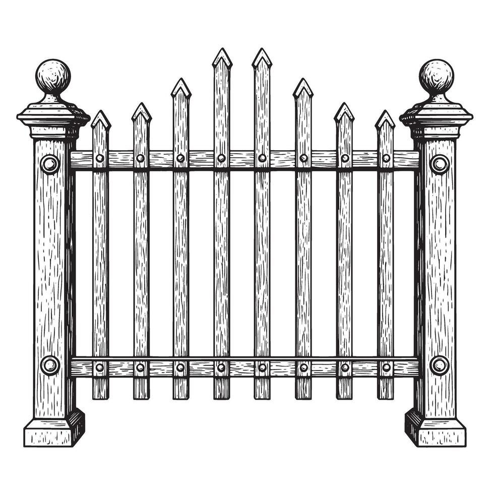 illustration of a detailed black and white sketched wooden fence isolated on a clean white background. vector