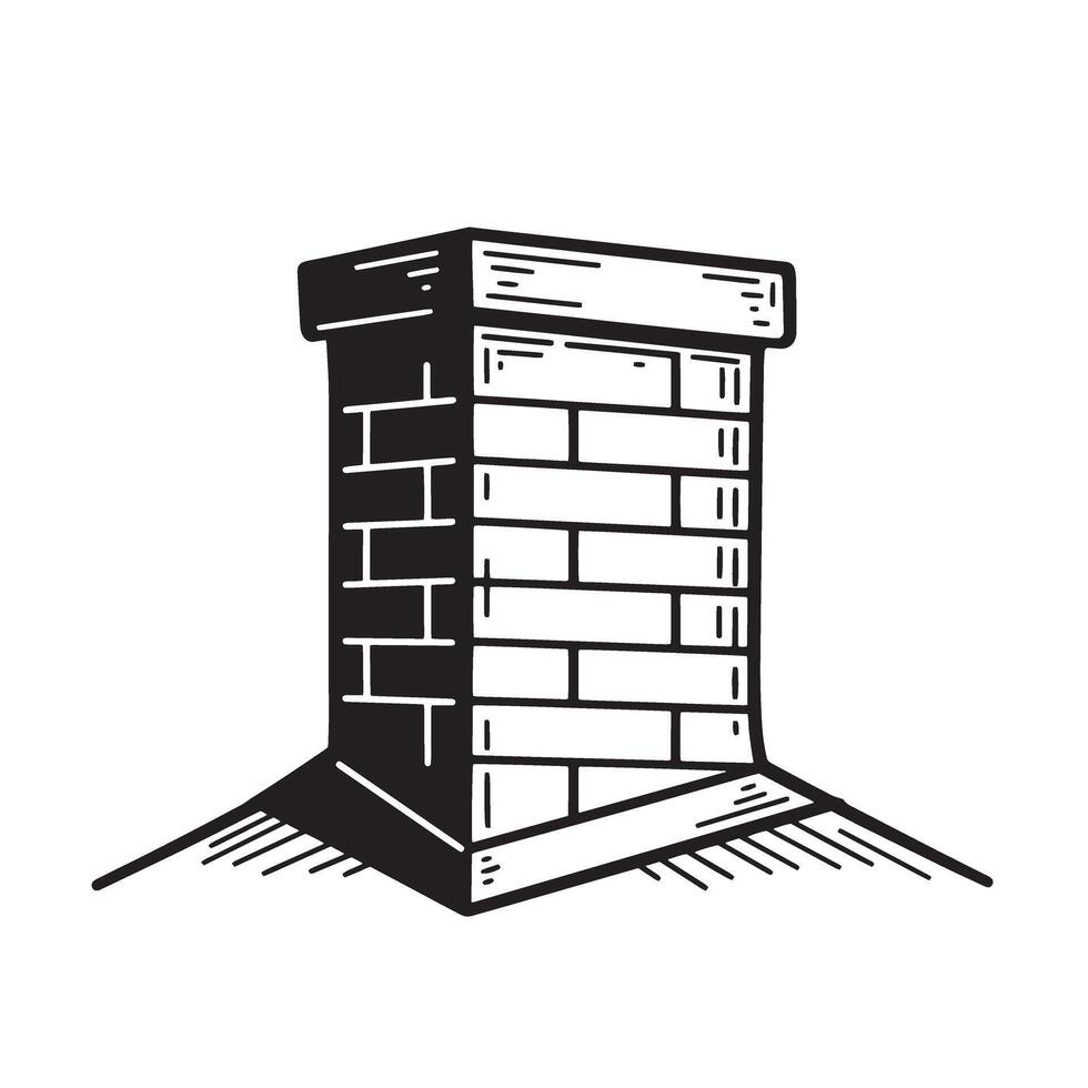 A detailed black and white illustration of a brick chimney depicted on a roof with a simple and minimalist style. vector