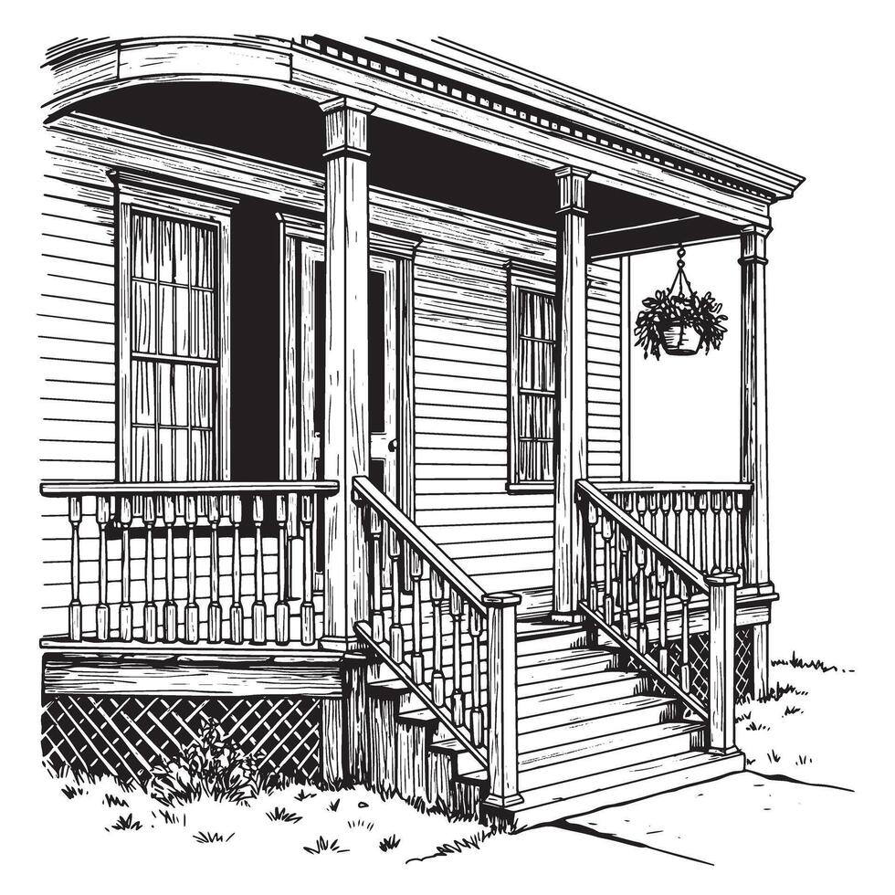Black and white illustration of a vintage style porch with steps and hanging plants drawing style vector