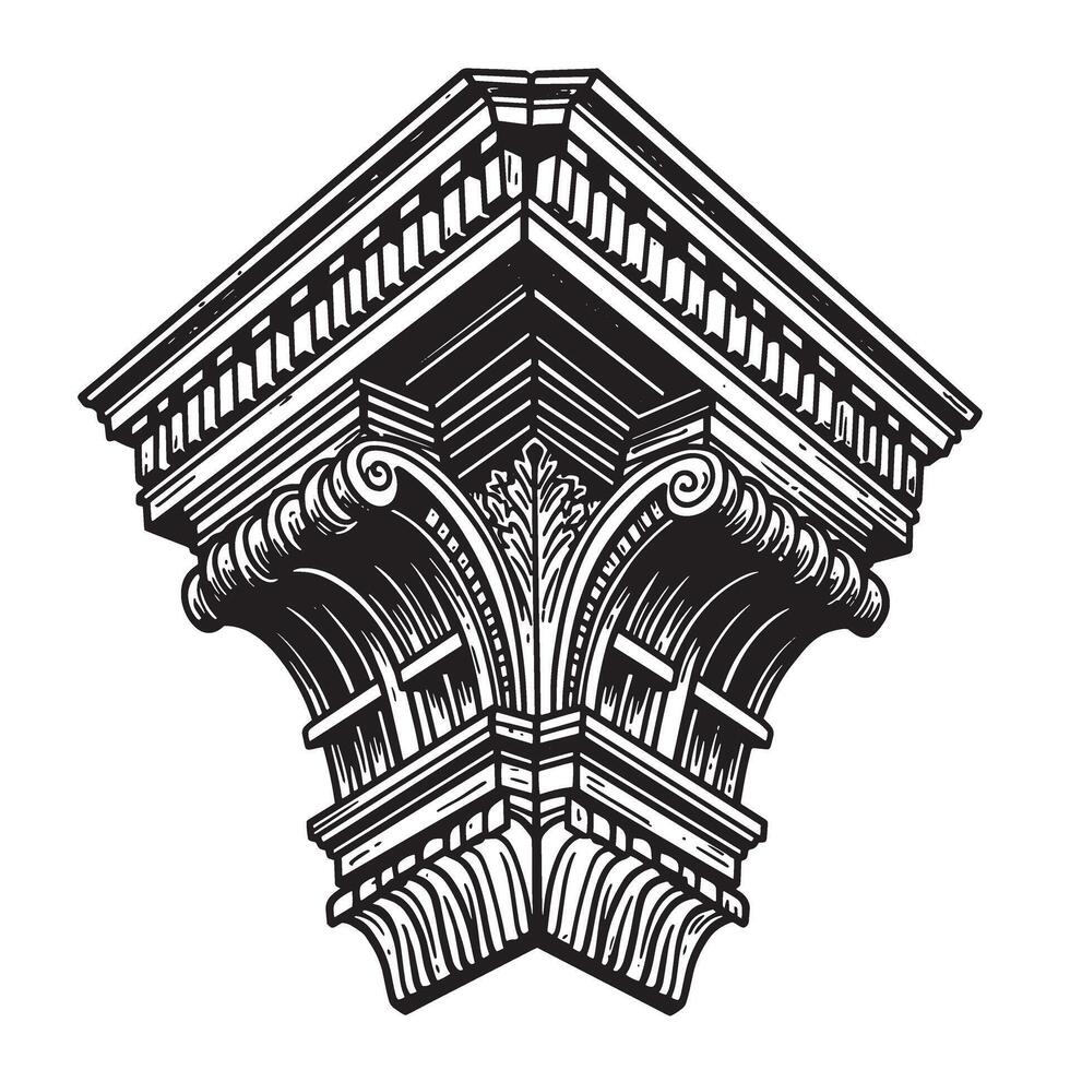 Detailed monochrome illustration of an architectural element from a classical corinthian column capital design vector