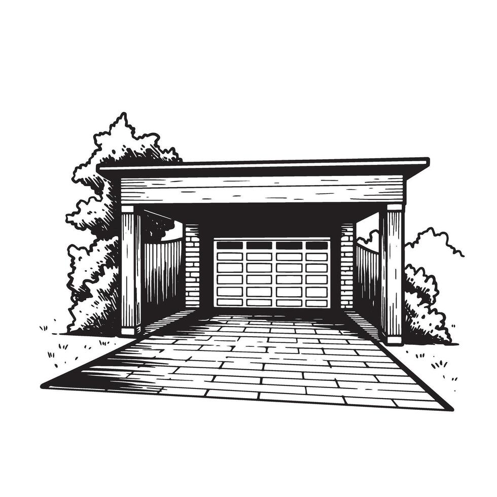 Hand-drawn black and white illustration of a garage with a brick wall and a paved driveway surrounded by greenery. vector