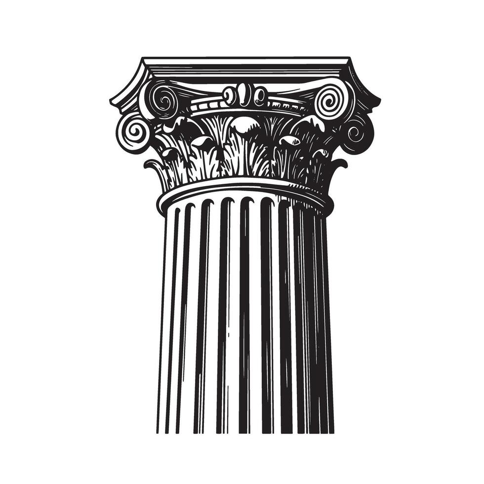 Detailed black and white illustration of an ancient ionic column architectural element on a white background vector