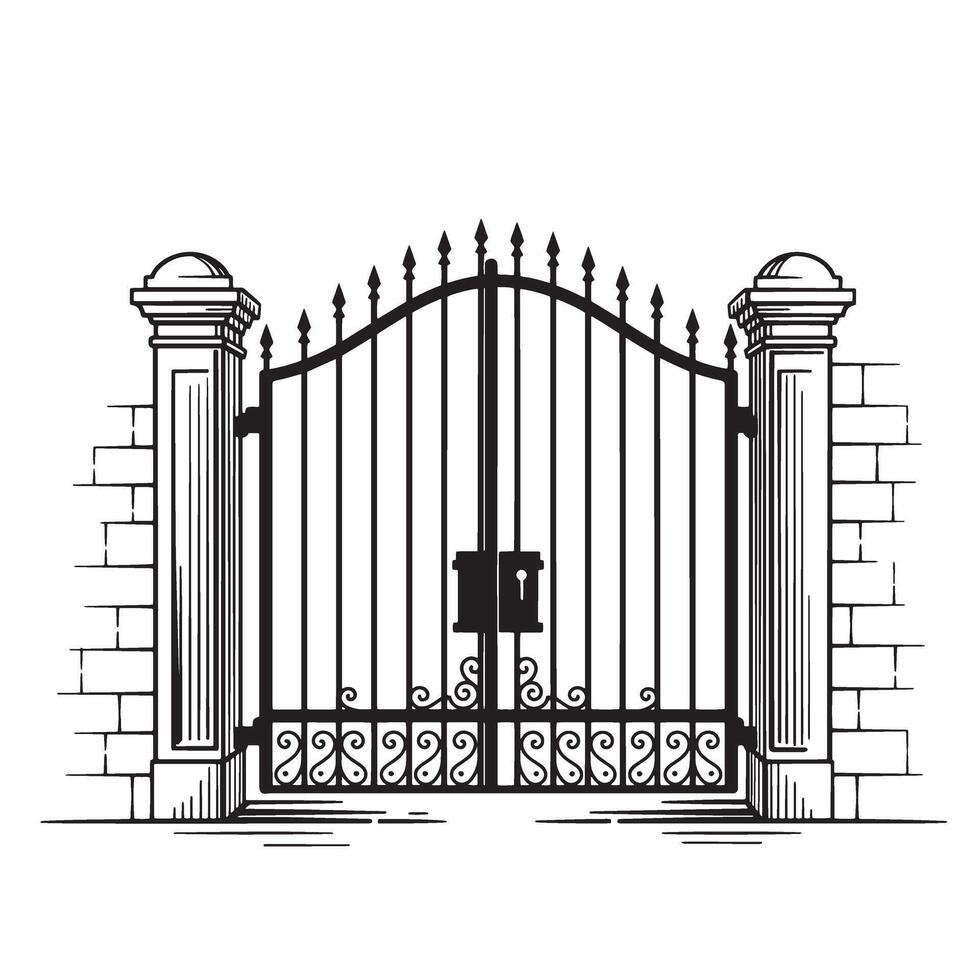 Decorative wrought iron gate with brick pillars and elegant architectural design in black and white illustration. vector