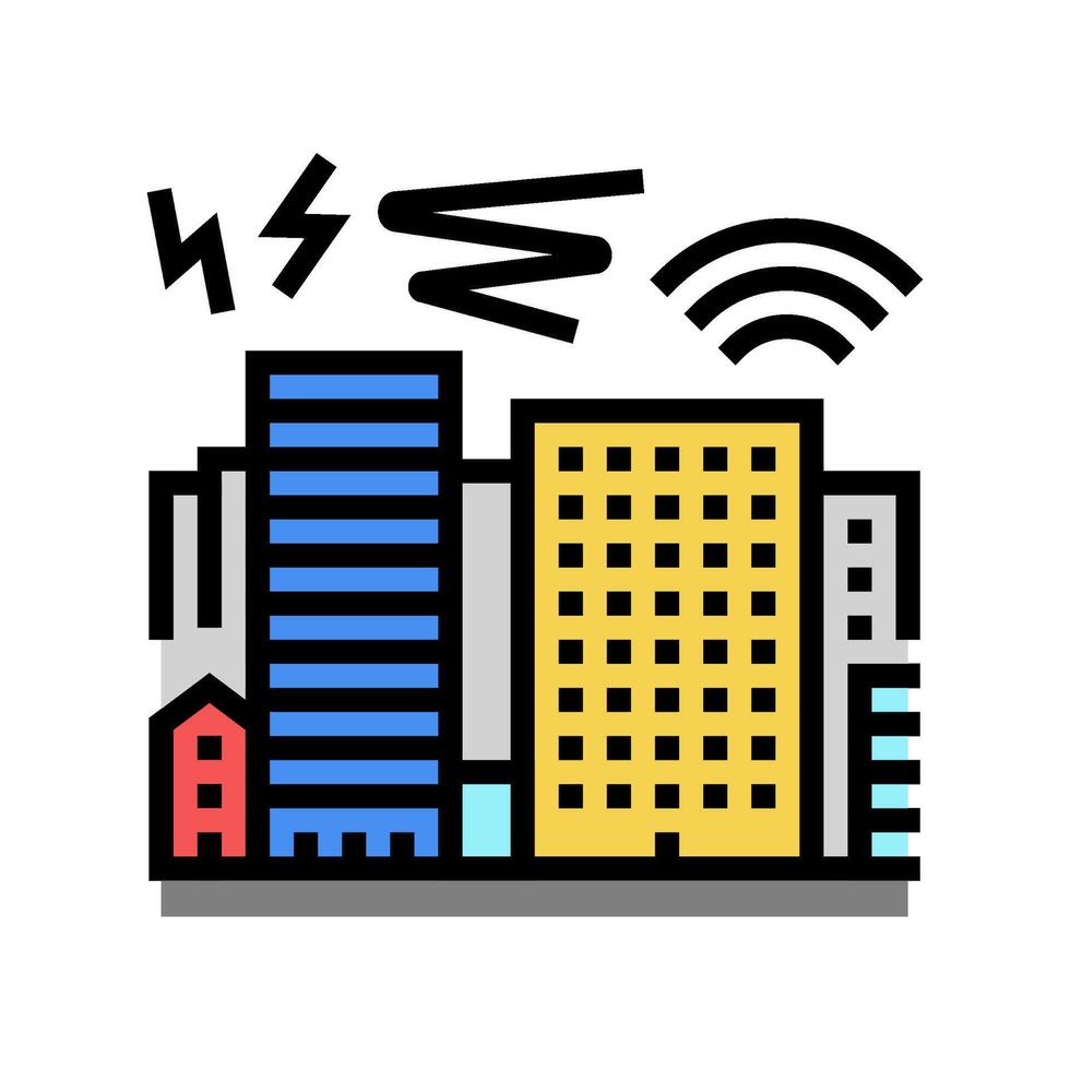 cityscape buildings surrounded by sound waves color icon illustration vector