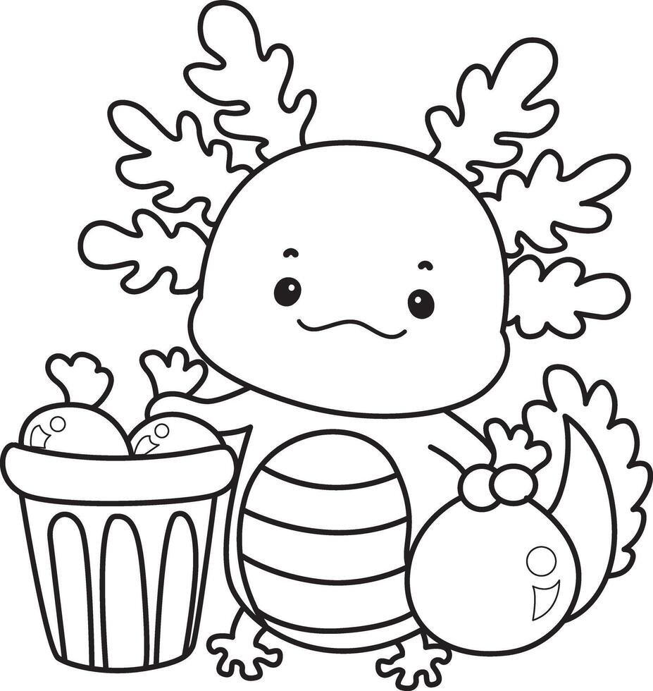Outline of axolotl throw the garbage into its place. Coloring pages of Funny pink axolotl in daily routine stickers. vector
