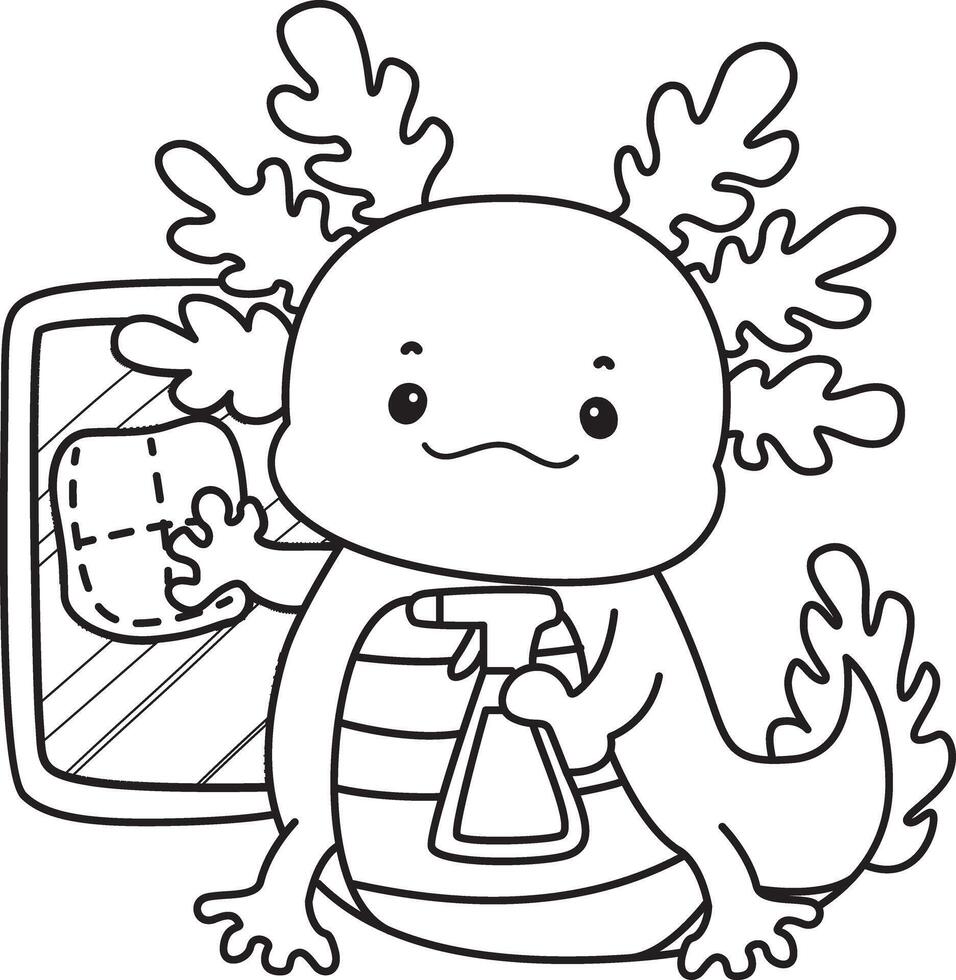 Outline of axolotl cleaning the window with sink and spray. Coloring pages of Funny pink axolotl in daily routine stickers. vector
