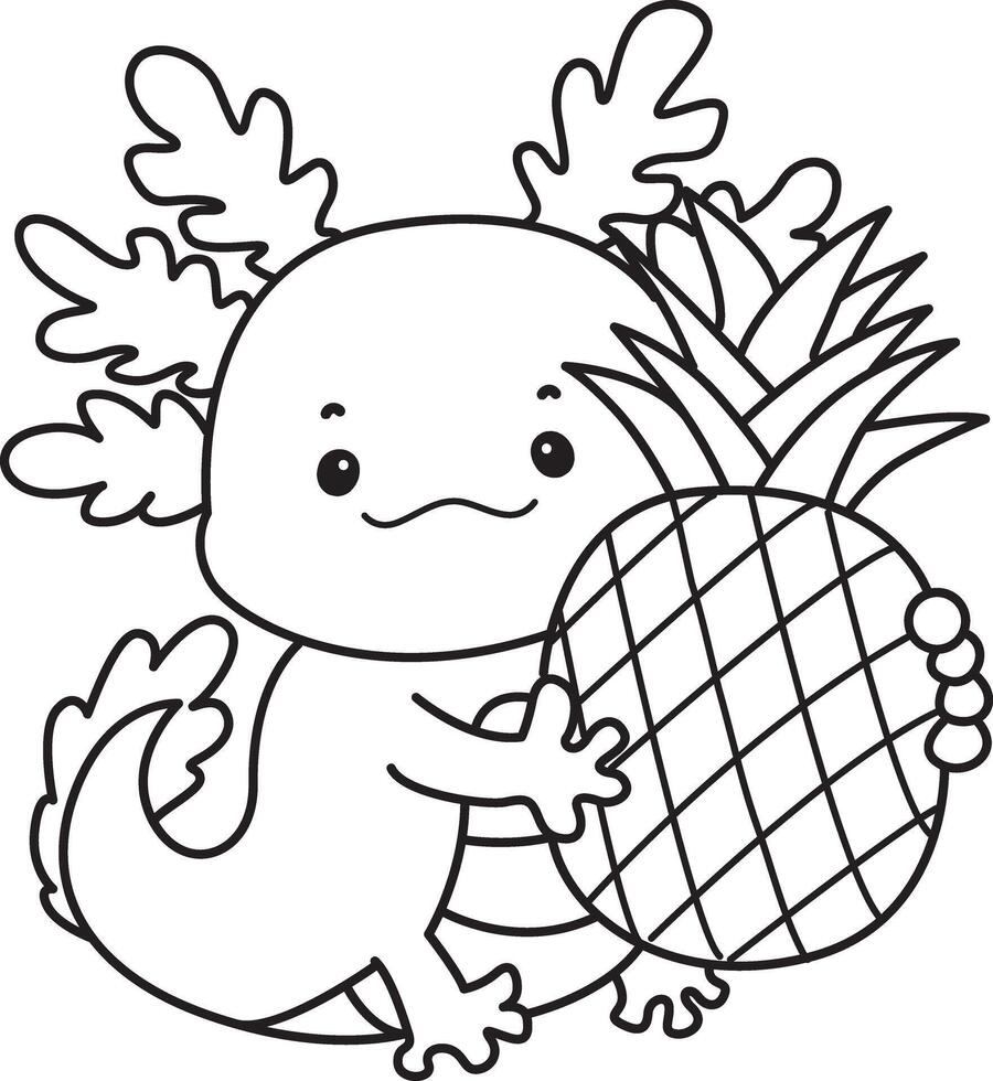 Outline of axolotl bring a pineapple. Coloring pages of Funny pink axolotl in daily routine stickers. vector