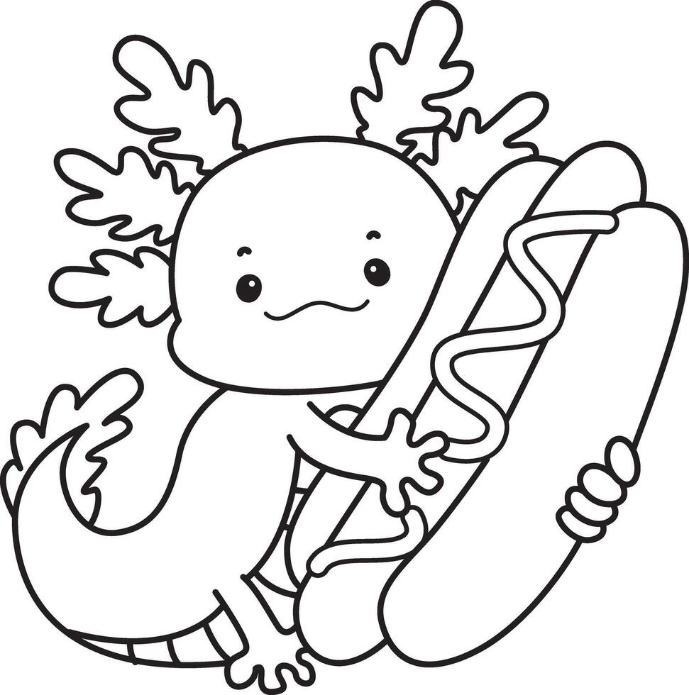 Outline of axolotl bring a hot dog. Coloring pages of Funny pink axolotl in daily routine stickers. vector