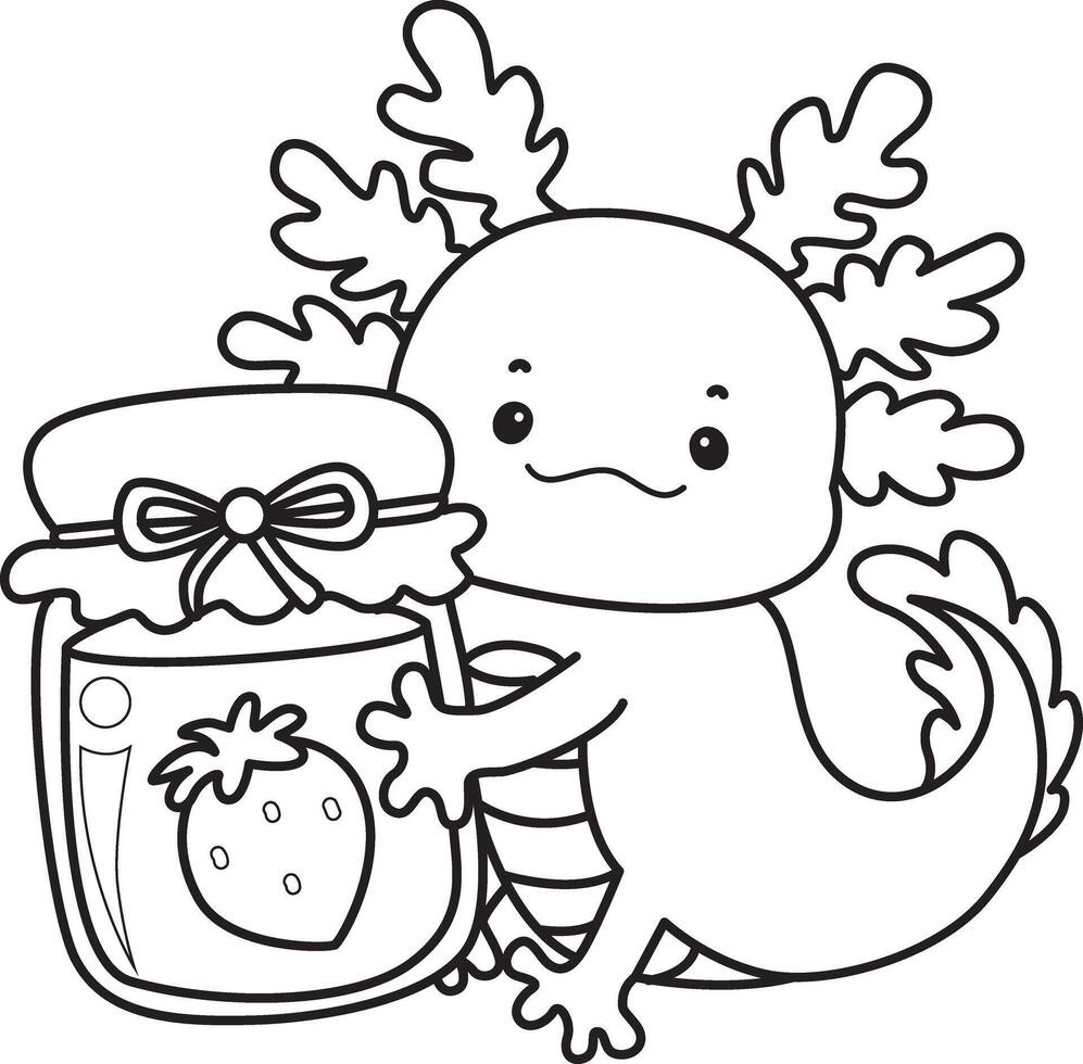 Outline of axolotl bring a strawberry jam. Coloring pages of Funny pink axolotl in daily routine stickers. vector