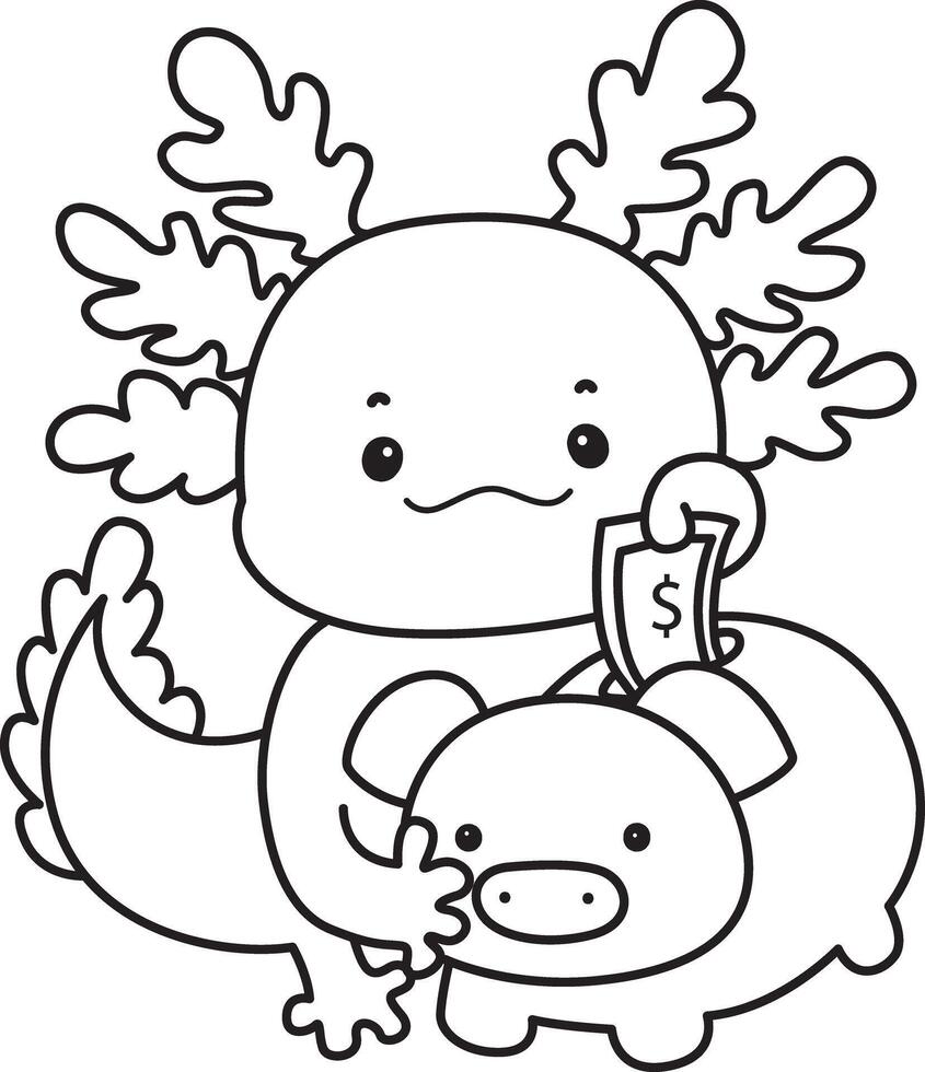 Outline of axolotl savings money in the piggy bank. Coloring pages of Funny pink axolotl in daily routine stickers. vector