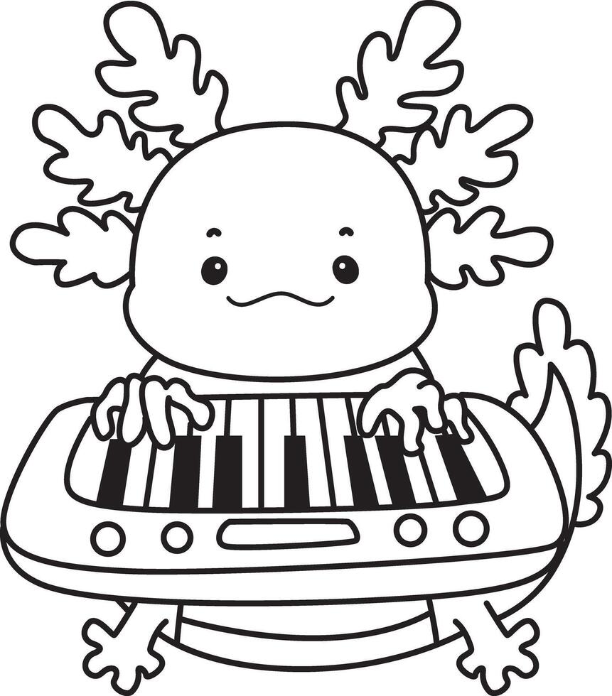 Outline of axolotl playing a piano. Coloring pages of Funny pink axolotl in daily routine stickers. vector