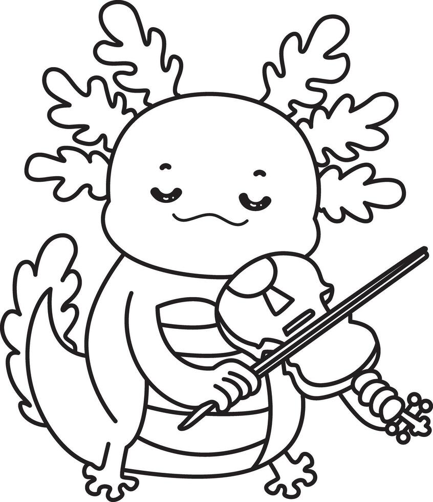 Outline of axolotl playing a violin. Coloring pages of Funny pink axolotl in daily routine stickers. vector