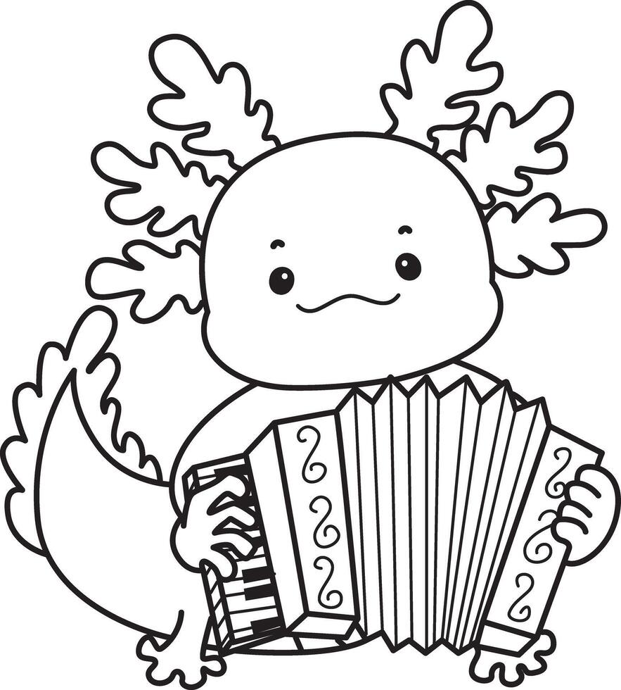 Outline of axolotl playing an accordion. Coloring pages of Funny pink axolotl in daily routine stickers.Coloring pages of Funny pink axolotl in daily routine stickers. vector