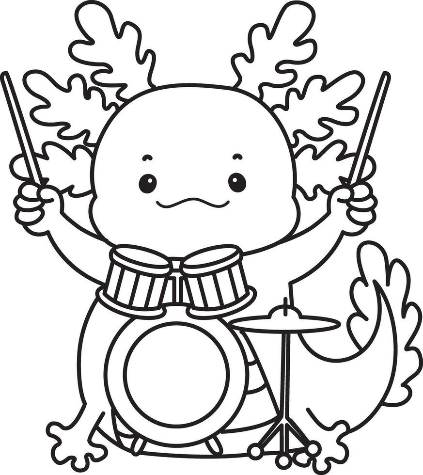 Outline of axolotl playing a drum. Coloring pages of Funny pink axolotl in daily routine stickers. vector
