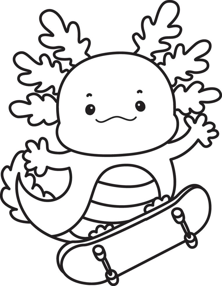 Outline of axolotl playing a skateboard. Coloring pages of Funny pink axolotl in daily routine stickers. vector