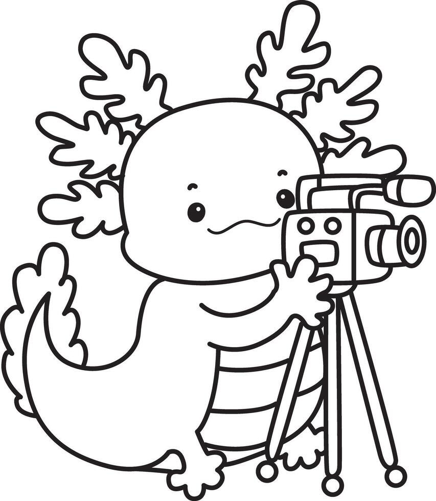 Outline of axolotl making content with camera. Coloring pages of Funny pink axolotl in daily routine stickers. vector