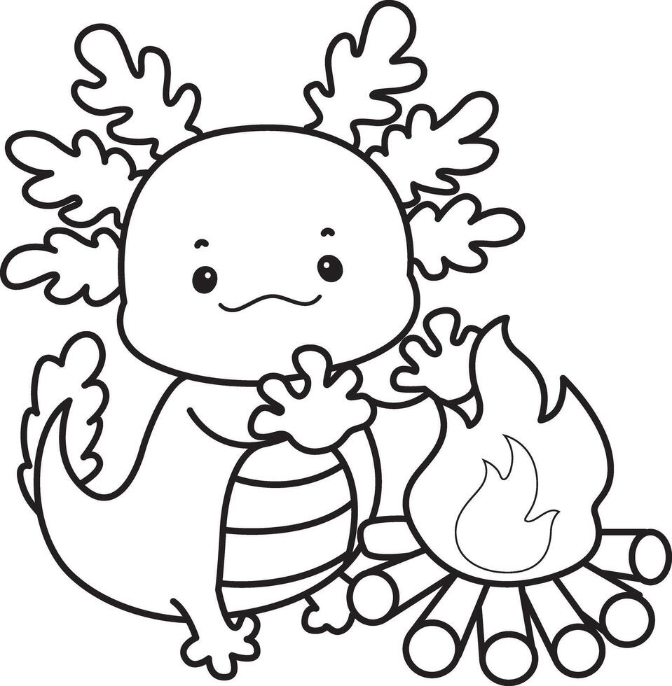 Outline of axolotl in the fire place. Coloring pages of Funny pink axolotl in daily routine stickers. vector