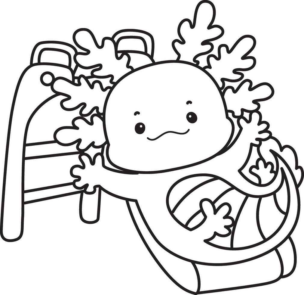Outline of axolotl playing a sliding. Coloring pages of Funny pink axolotl in daily routine stickers. vector