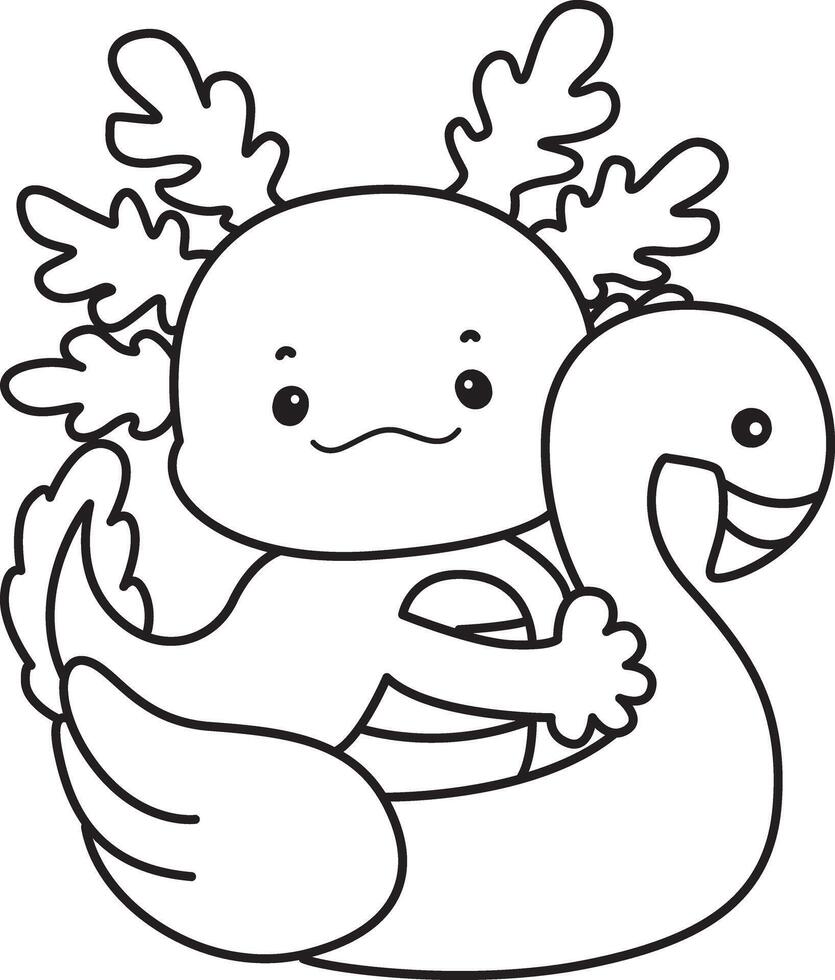 Outline of axolotl with flamingo tire. Coloring pages of Funny pink axolotl in daily routine stickers. vector