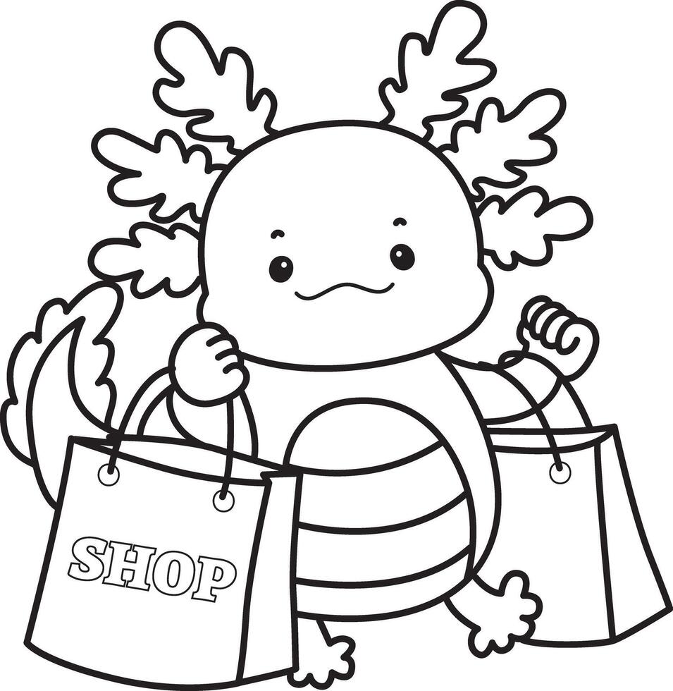 Outline of axolotl bring a shopping bag. Coloring pages of Funny pink axolotl in daily routine stickers. vector
