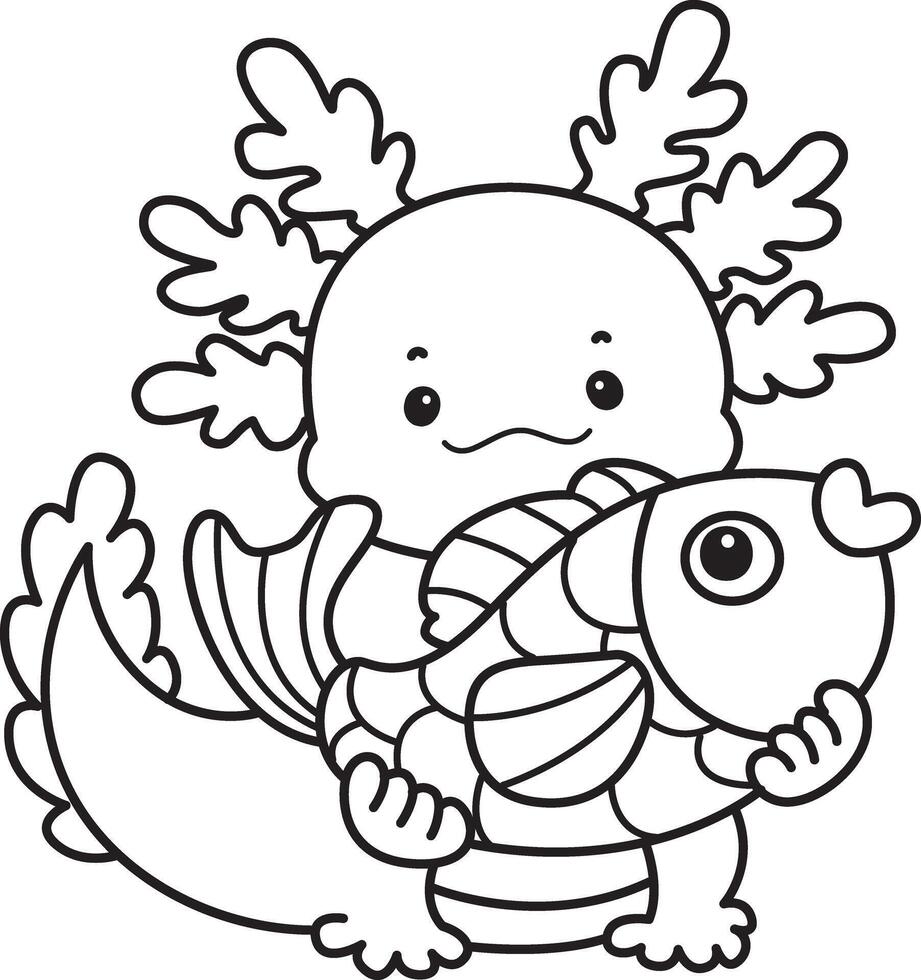 Outline of axolotl bring a gold fish. Coloring pages of Funny pink axolotl in daily routine stickers. vector