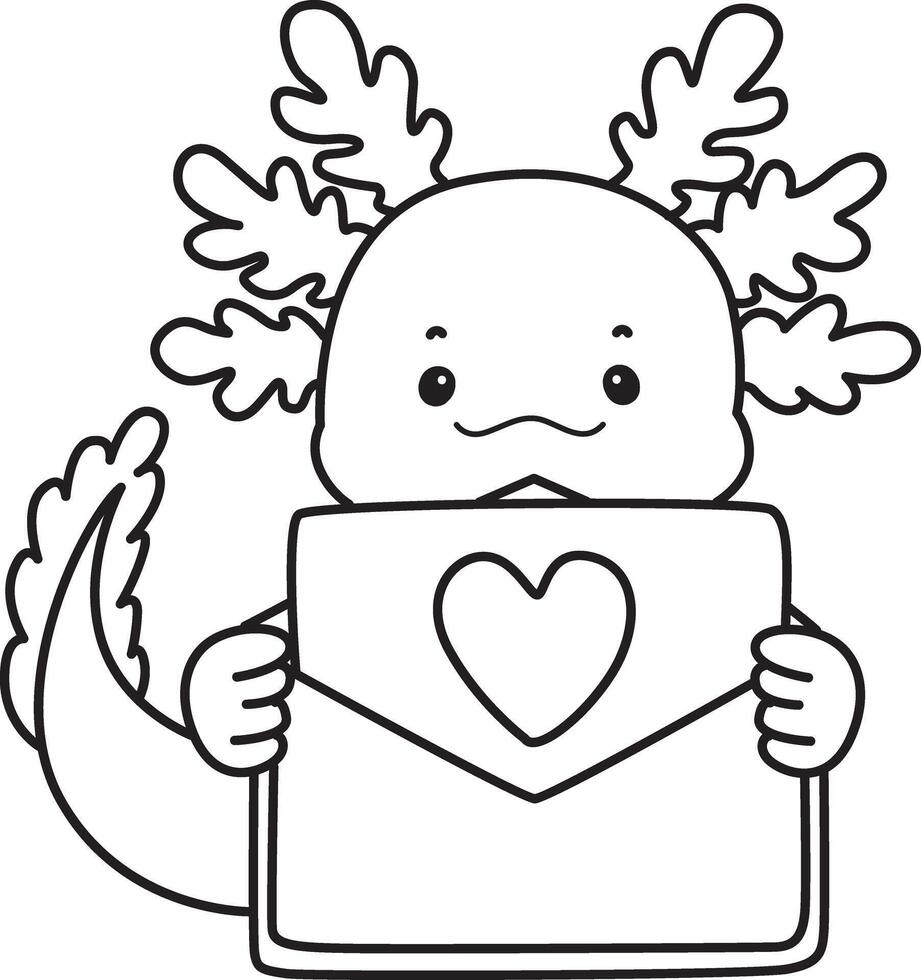 Outline of axolotl bring a love letter. Coloring pages of Funny pink axolotl in daily routine stickers. vector