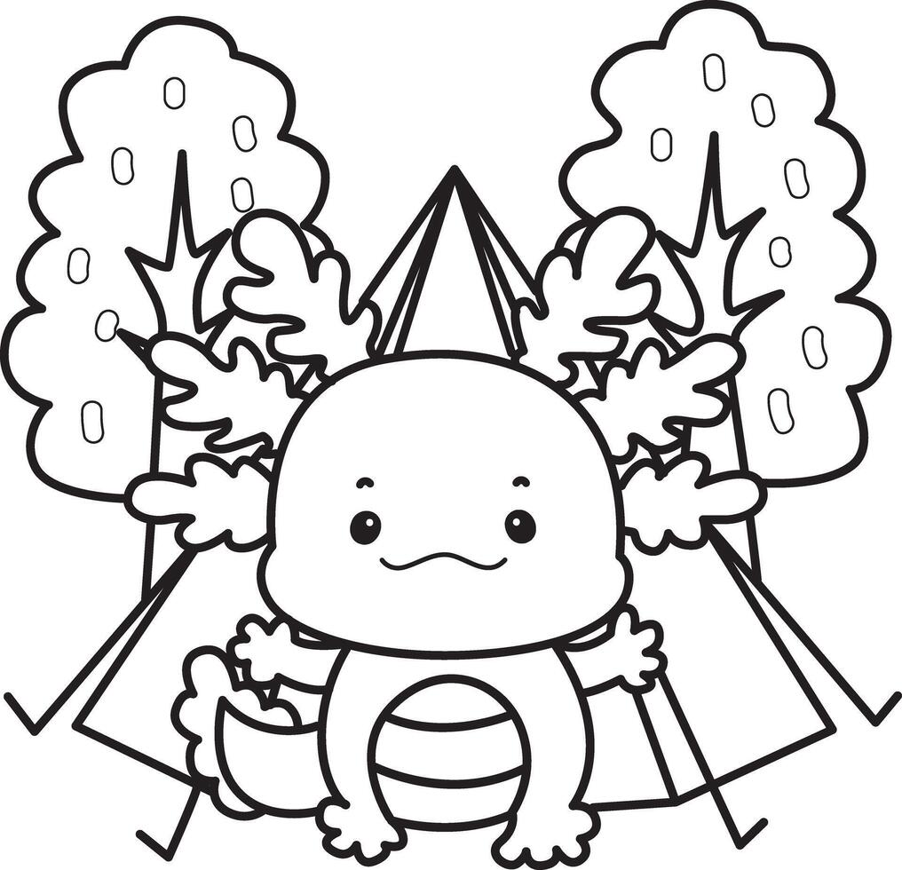 Outline of axolotl in the camping. Coloring pages of Illustration of cute axolotl. vector