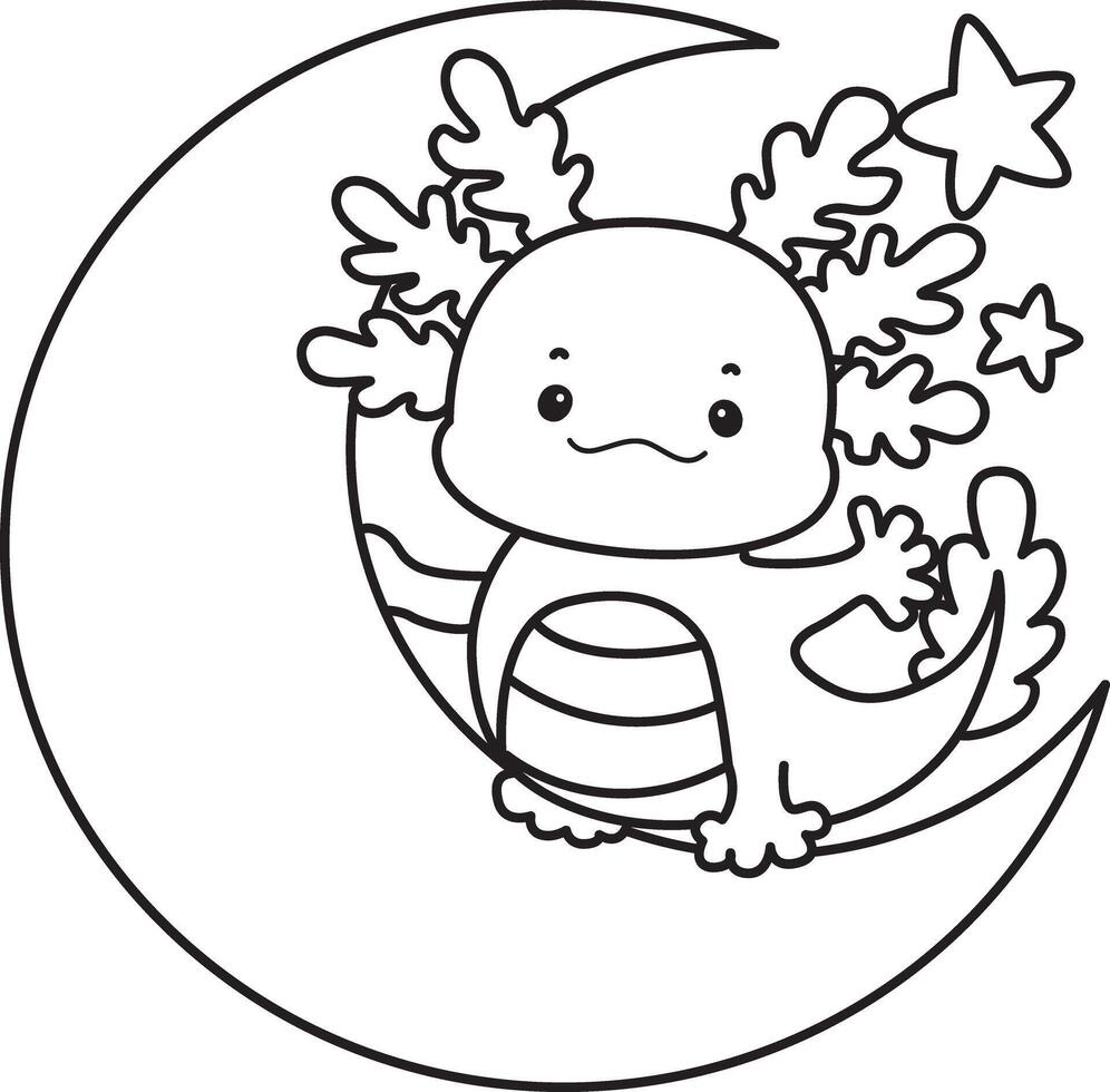 Outline of axolotl stand up in the moon. Coloring pages of Illustration of cute axolotl. vector