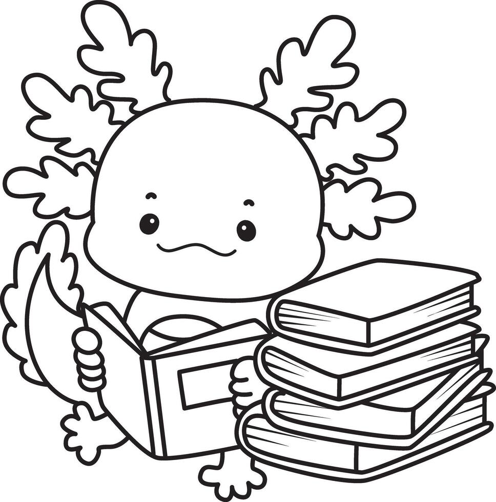 Outline of reading a book. Coloring pages of Illustration of cute axolotl. vector