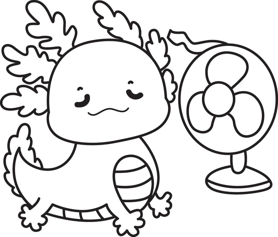 Outline of axolotl feel the air from the fan. Coloring pages of Illustration of cute axolotl. vector