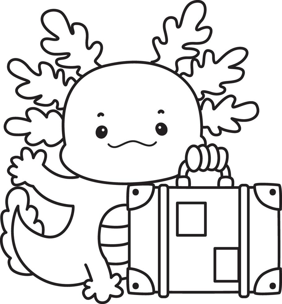 Outline of axolotl bring a travelling bag. Coloring pages of Illustration of cute axolotl. vector