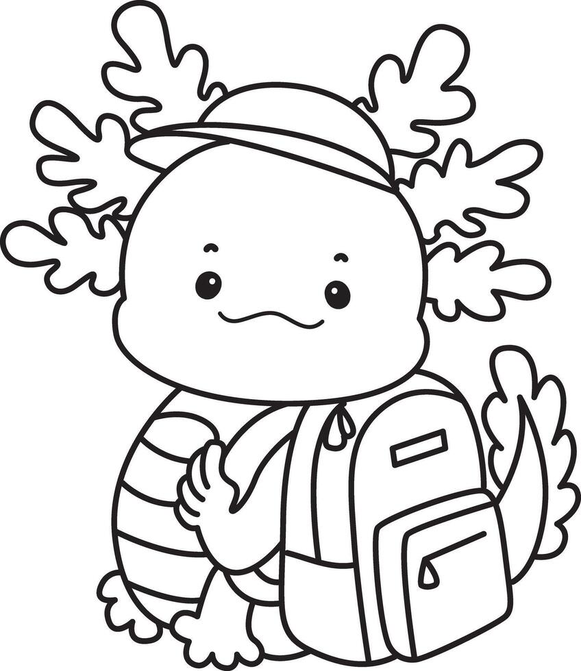 Outline of axolotl want to going to school. Coloring pages of Illustration of cute axolotl. vector