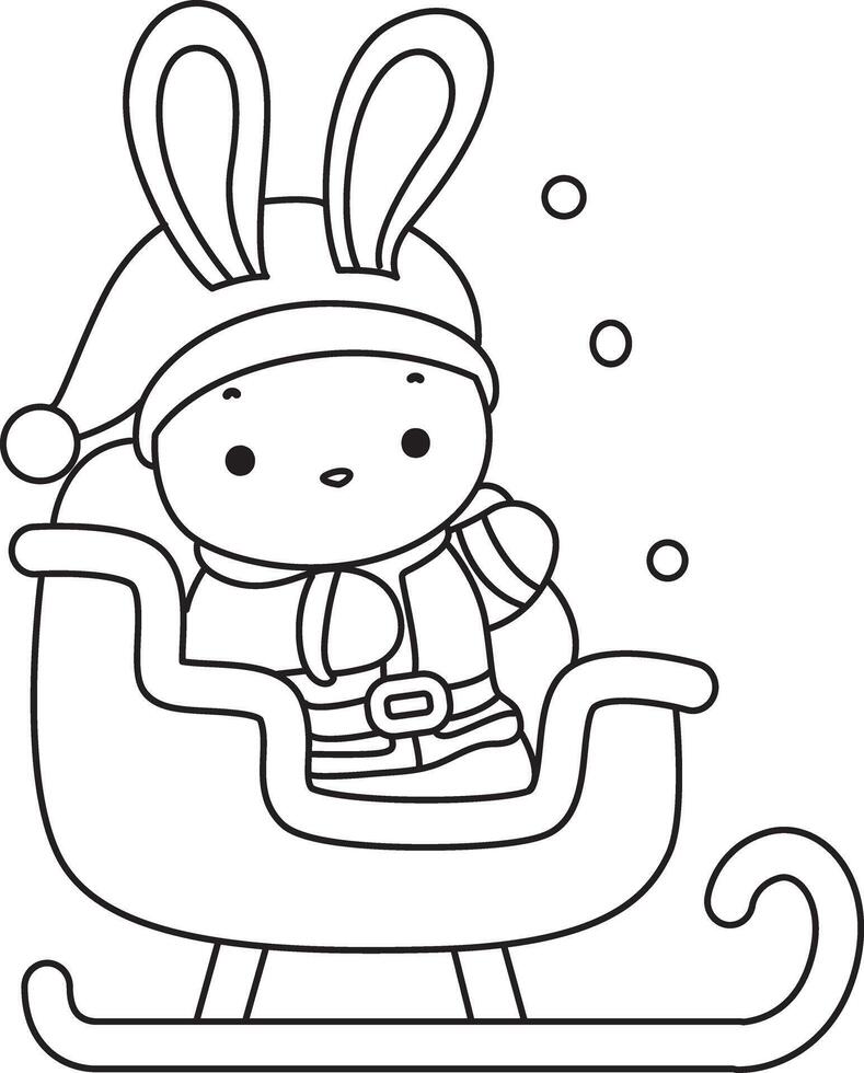 Outline of santa bunny riding a train. Coloring pages of cute bunny icon. vector