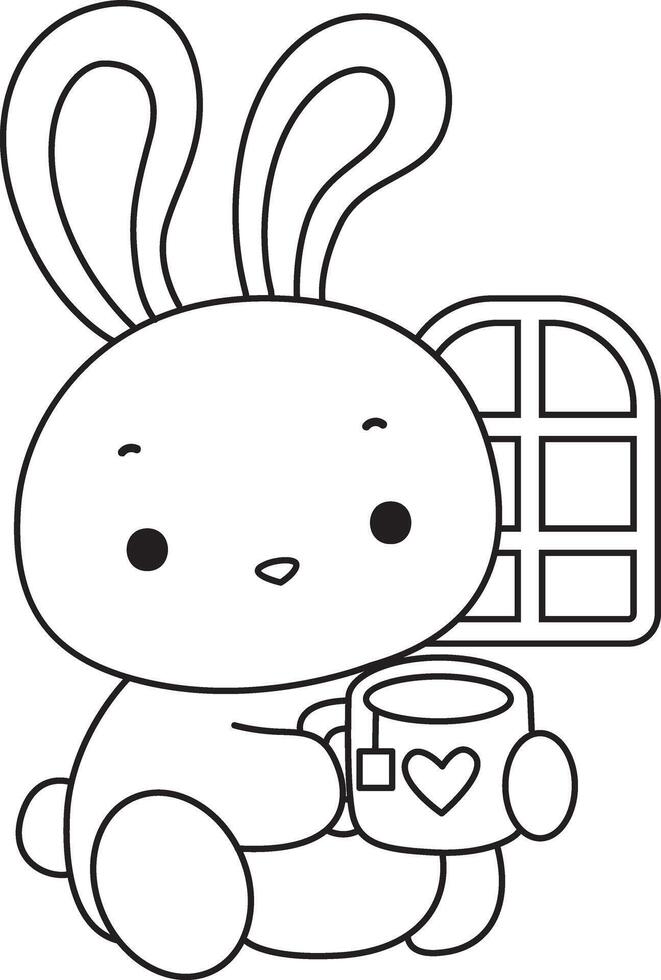 Outline of bunny drink a hot tea. Coloring pages of cute bunny icon. vector