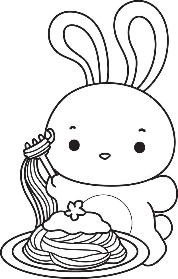Outline of bunny want to eating spaghetti. Coloring pages of cute bunny icon. vector