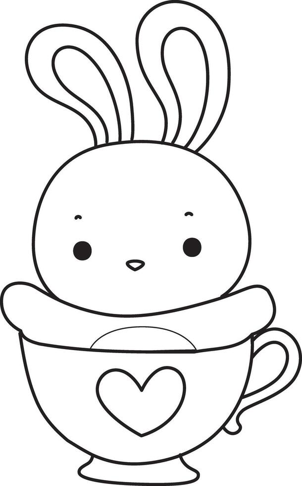 Outline of bunny stuck in the tea.Coloring pages of cute bunny icon. vector