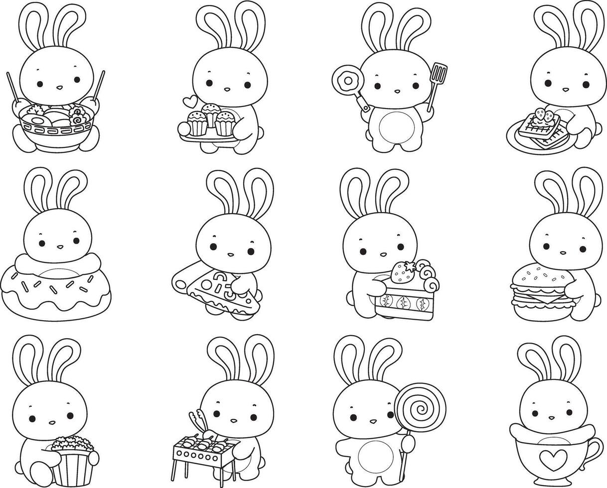 Outline of bunny in the variation of fast food and dessert. Coloring pages of cute bunny icon. vector