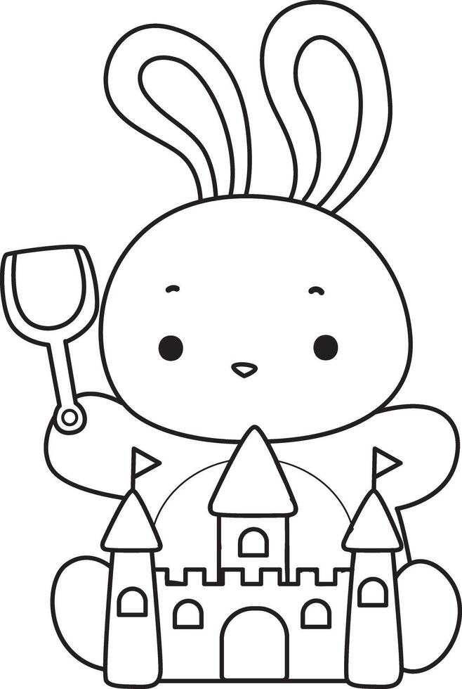 Outline of bunny playing a sand castle. Coloring pages of cute bunny icon. vector