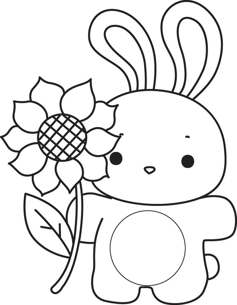 Outline of bunny bring a sun flower. Coloring pages of cute bunny icon. vector