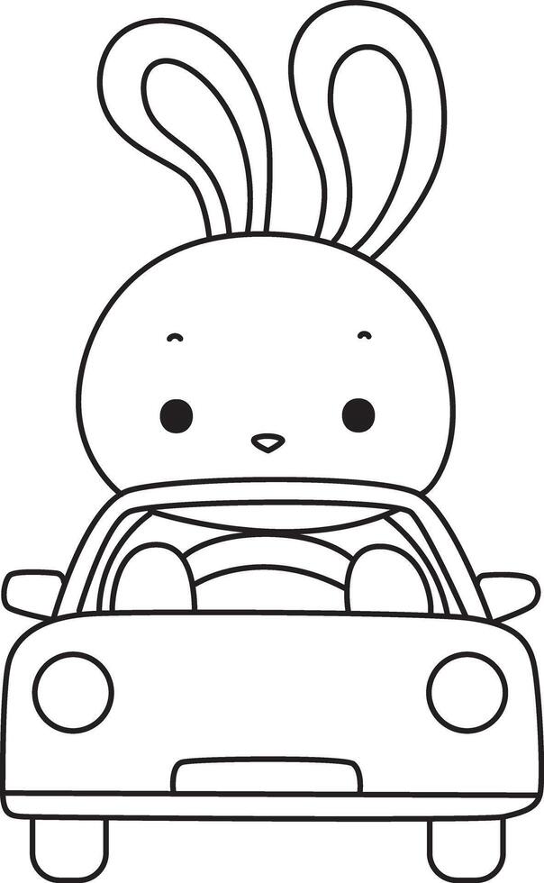 Outline of bunny driving a car. Coloring pages of cute bunny icon. vector