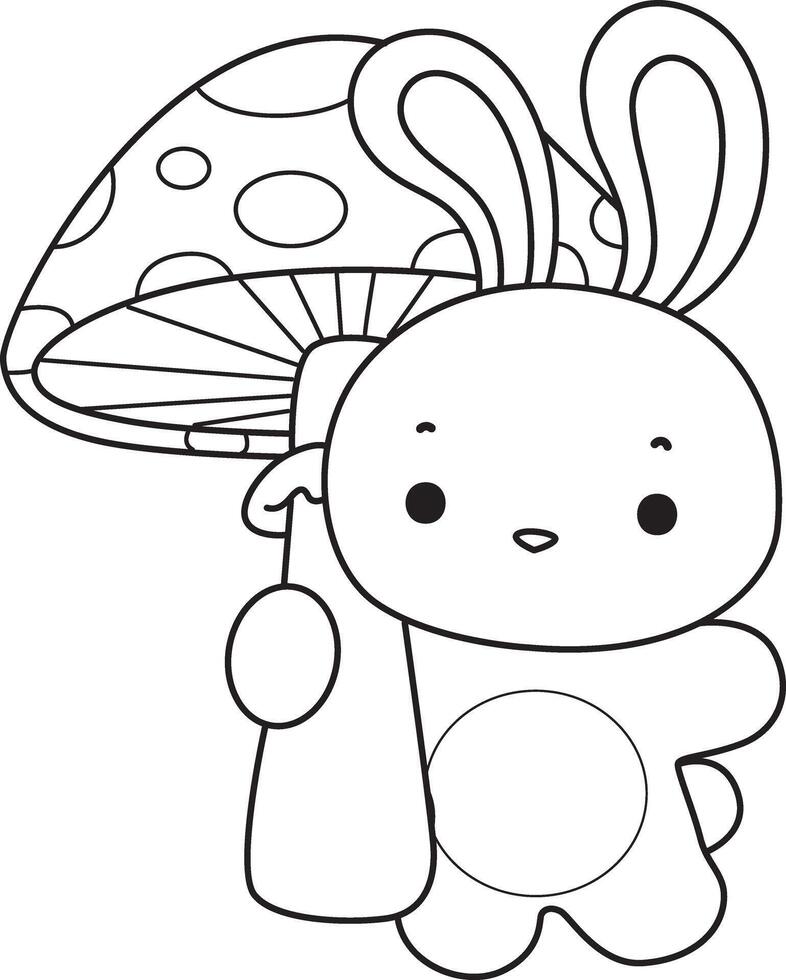 Outline of bunny bring a mushroom. Coloring pages of cute bunny icon. vector