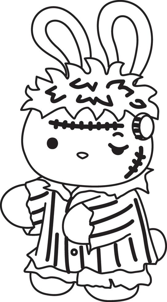 Outline of bunny wearing a frankenstein costume. Coloring pages of cute bunny icon. vector