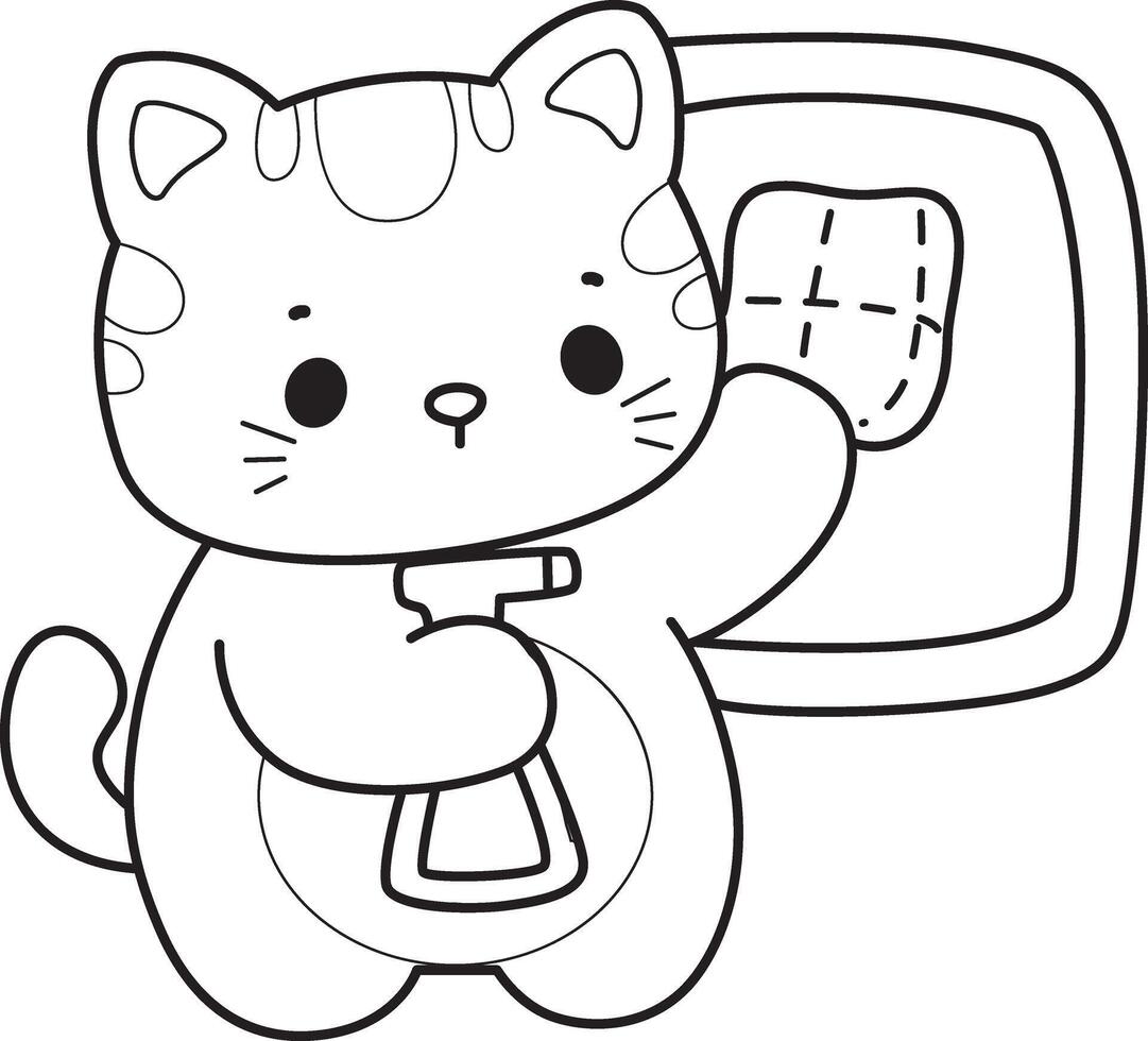 Outline of cat cleaning the window with spray and wipe. Coloring pages of Kawaii animal kitty for scrapbook and sticker. vector