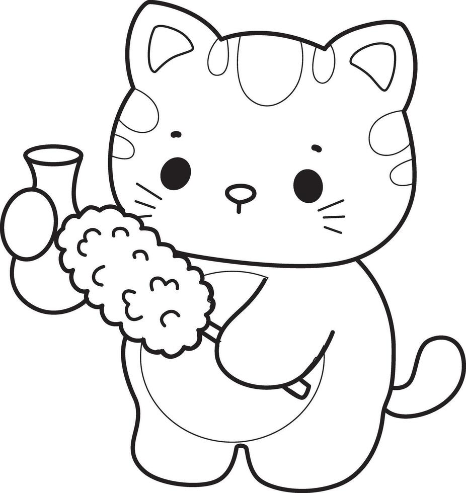 Outline of cat cleaning the vase with feather duster. Coloring pages of Kawaii animal kitty for scrapbook and sticker. vector