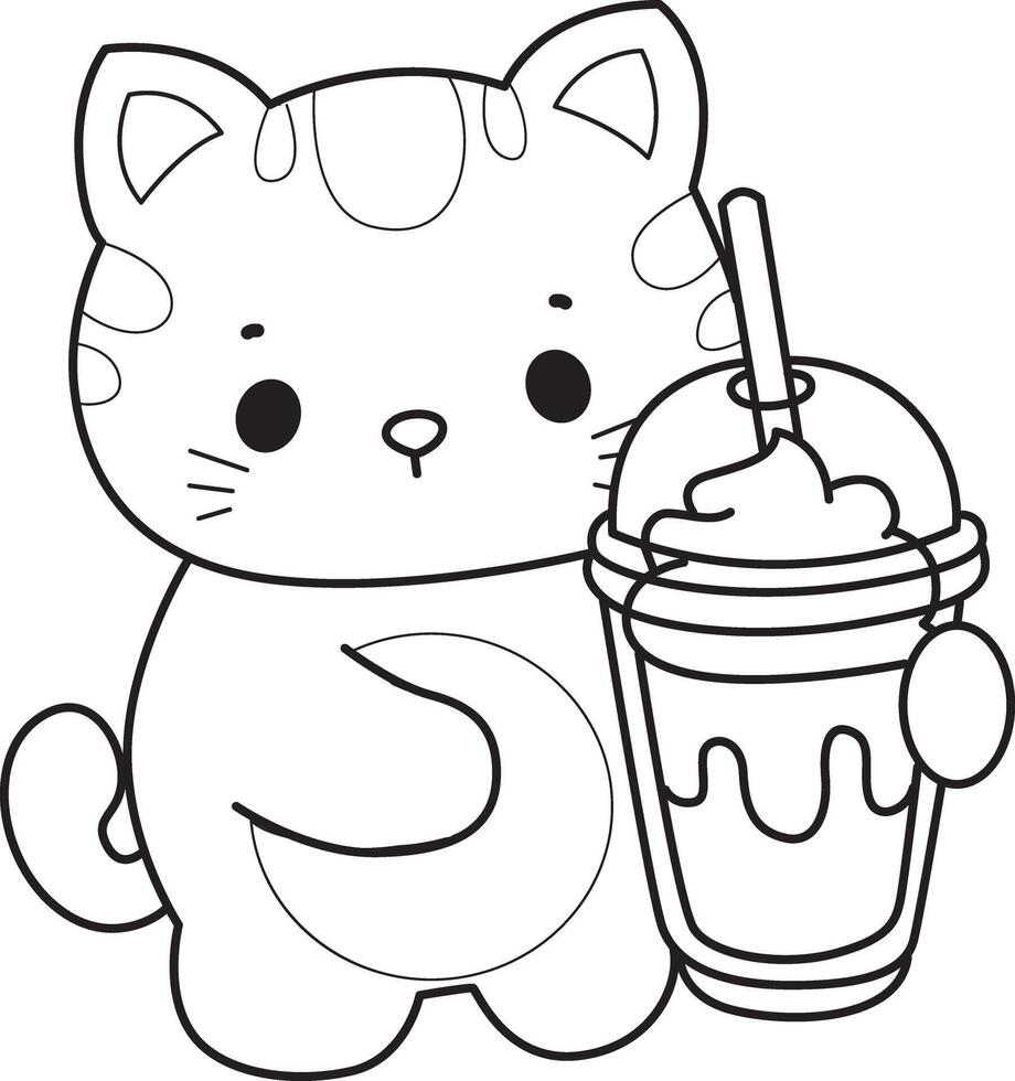 Outline of cat bring a milkshake. Coloring pages of Kawaii animal kitty for scrapbook and sticker. vector