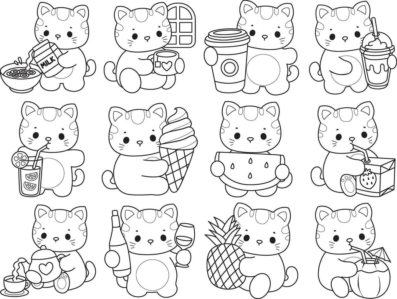 Outline of cat in the variation of drink and beverage. Coloring pages of Kawaii animal kitty for scrapbook and sticker. vector