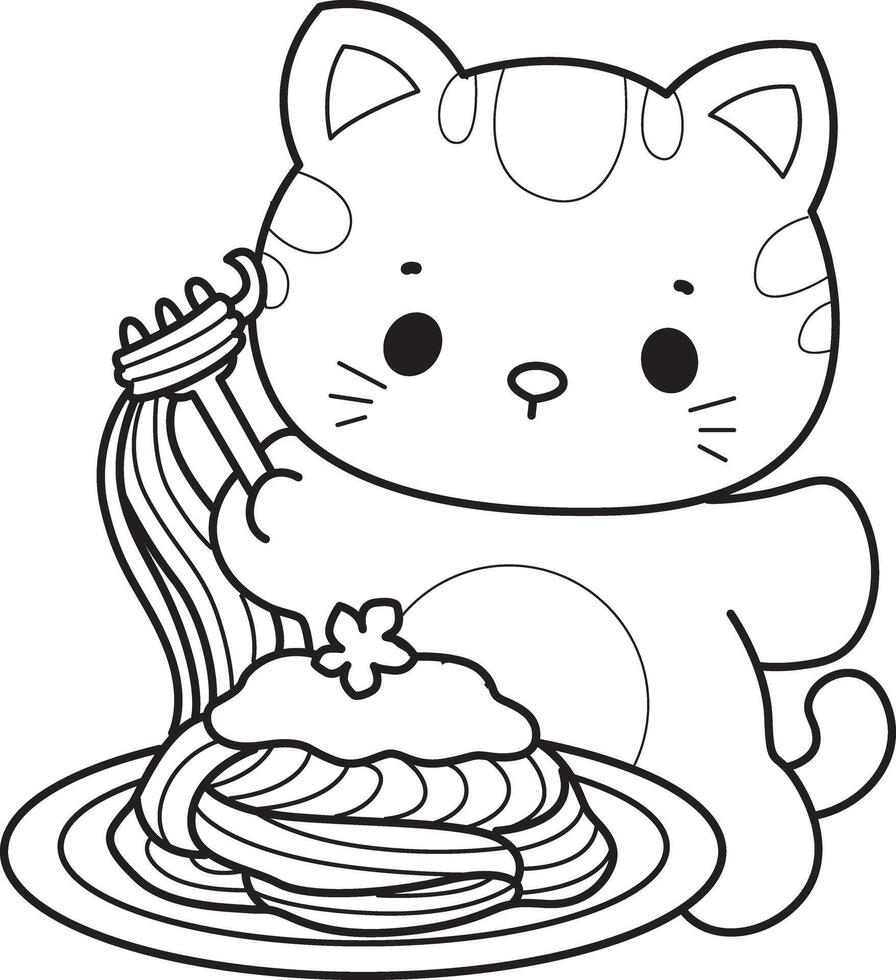 Outline of cat want to eating spaghetti. Coloring pages of Kawaii animal kitty for scrapbook and sticker. vector